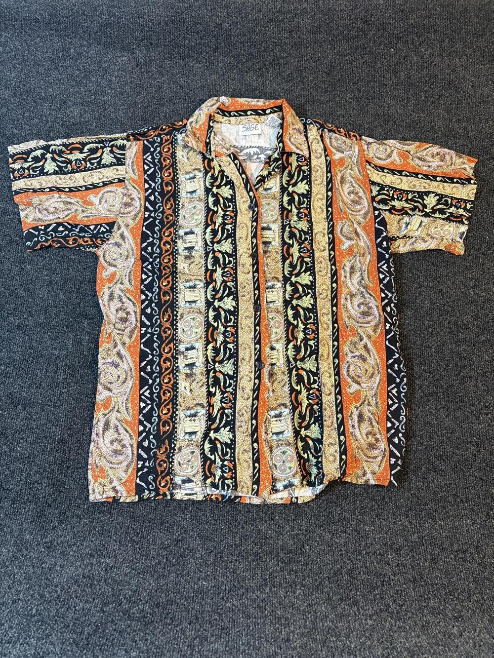 SAGE Shirt Mens Small Multicolor Striped Rayon Short Sleeve Button Up Casual
